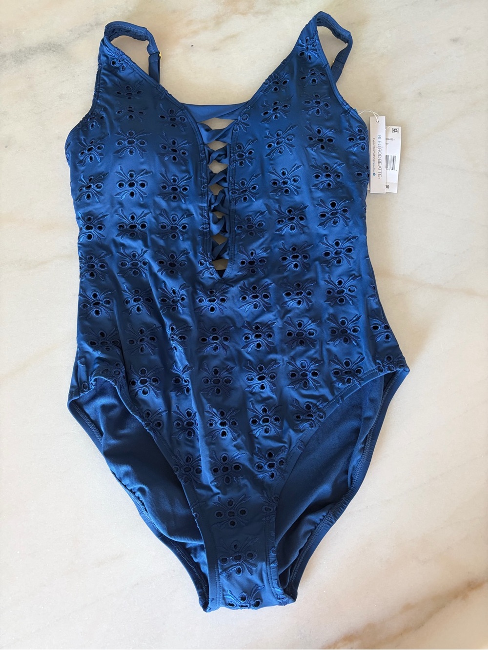 NWT Bleu Rod Beattie Navy Eyelet One-Piece Swimsuit with Lattice Front